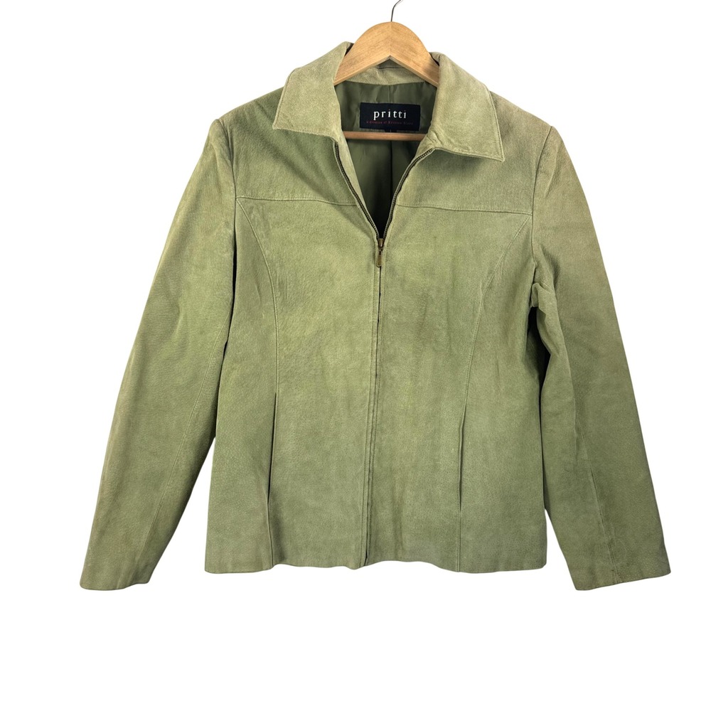 VTG Pritti Genuine Leather Suede Jacket sz L Green money preppy classic